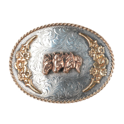Vintage Sterling silver Diablo Big hand engraved horse heads trophy belt buckle