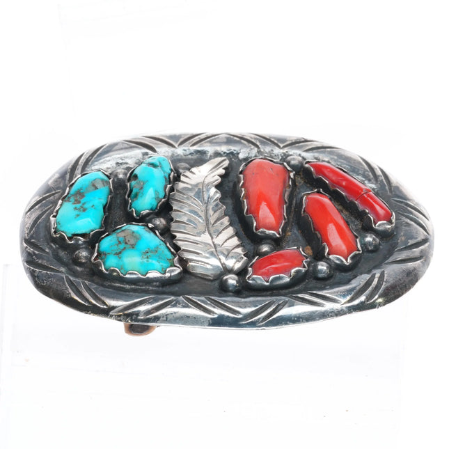 Vintage Angie Cheama Zuni sterling silver, turquoise, red coral belt buckle