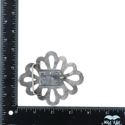 Big Vintage Navajo sandcast sterling silver belt buckle with center turquoise