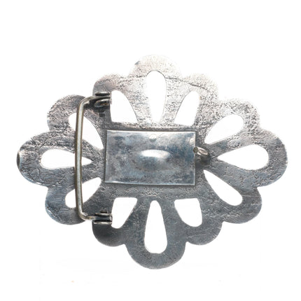 Big Vintage Navajo sandcast sterling silver belt buckle with center turquoise