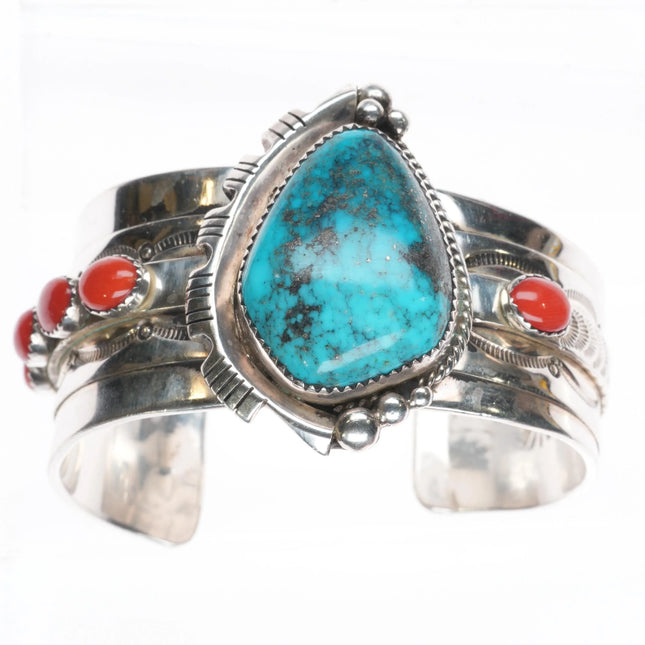 6.25" Gene Nataan Navajo Morenci turquoise-coral sterling silver cuff bracelet