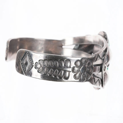 6.8" 40's-50's Navajo sterling silver hand stamped green turquoise cuff bracelet