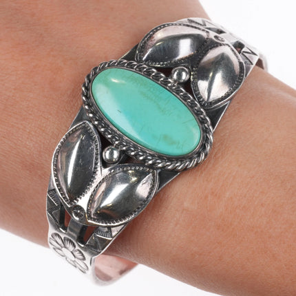 6.8" 40's-50's Navajo sterling silver hand stamped green turquoise cuff bracelet