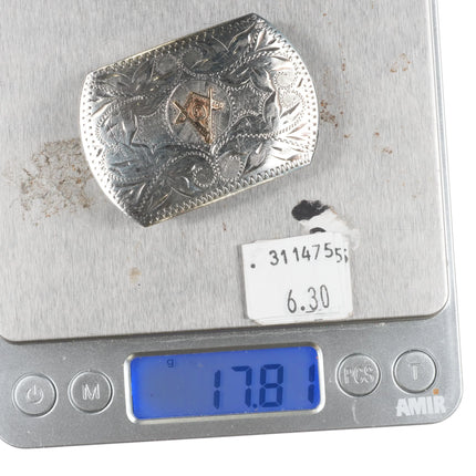 Vintage Sterling silver Ricardo Masonic hand engraved  belt buckle