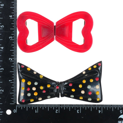 3 c1940's Bakelite 2pc Belt buckle sets Red Hearts, butterscotch, polka dot bow