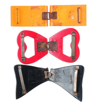 3 c1940's Bakelite 2pc Belt buckle sets Red Hearts, butterscotch, polka dot bow