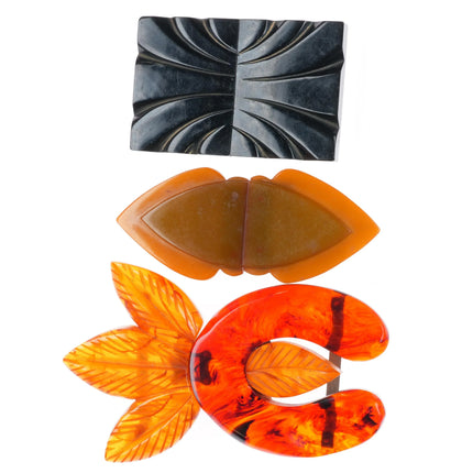 3 c1940's Bakelite 2pc Belt buckle sets organic leaf forms butterscotch, black