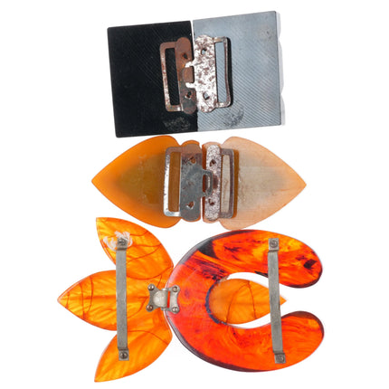 3 c1940's Bakelite 2pc Belt buckle sets organic leaf forms butterscotch, black