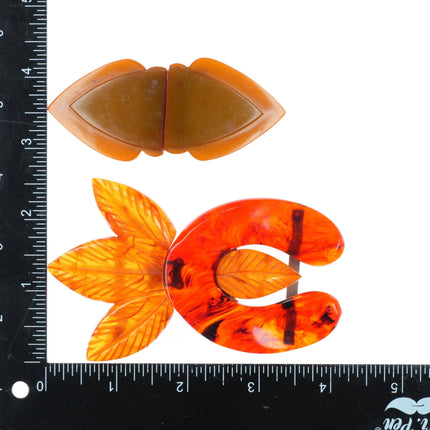 3 c1940's Bakelite 2pc Belt buckle sets organic leaf forms butterscotch, black