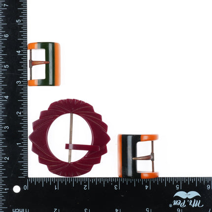 3 c1940's Bakelite Belt buckle sets circular Red, two-tone Green/butterscotch