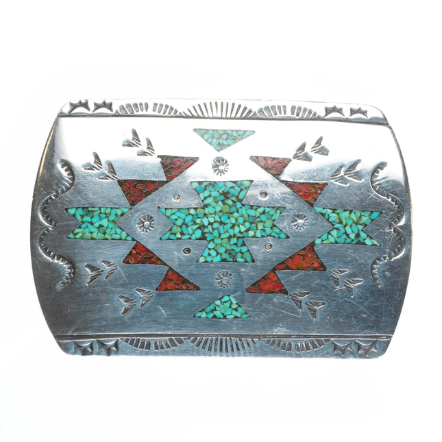 Vintage Navajo sterling silver turquoise chip inlay rug pattern belt buckle