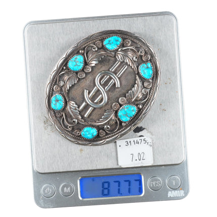 Vintage Navajo sterling silver dollar sign turquoise belt buckle
