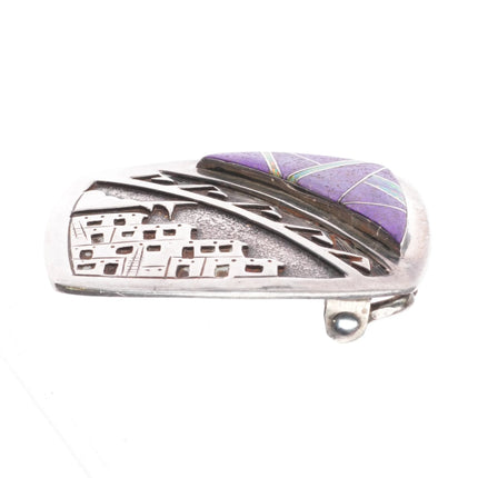 Vintage Navajo sterling silver cave dwellers multi-stone inlay belt buckle
