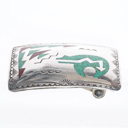 small Vintage Navajo turquoise chip inlay sterling silver bear belt buckle