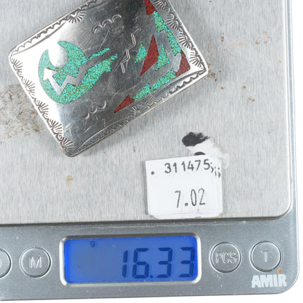 small Vintage Navajo turquoise chip inlay sterling silver bear belt buckle