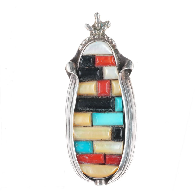 sz6.5 Vintage Zuni corn row ring turquoise/coral/shell sterling silver