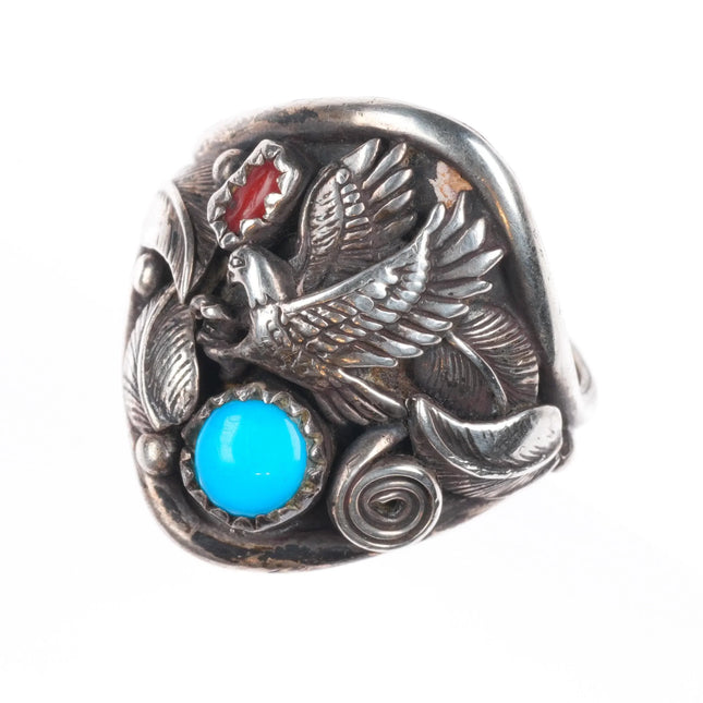sz10 Vintage Richard Begay Navajo sterling silver turquoise/coral eagle ring