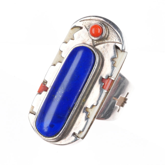 sz6 Vintage Leo Lando Yazzie Navajo sterling silver Lapis/coral inlay ring
