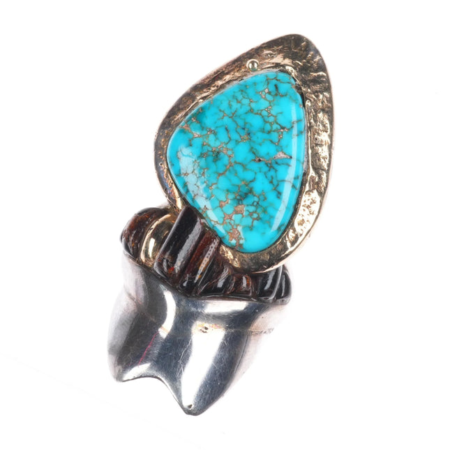 sz5 1977 Native American 14k gold/sterling Lone Mountain turquoise Ironwood ring