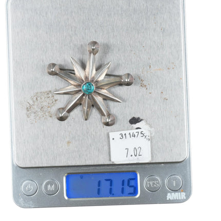 c1950's Vintage Native American sterling silver cast star pin/brooch w/turquoise