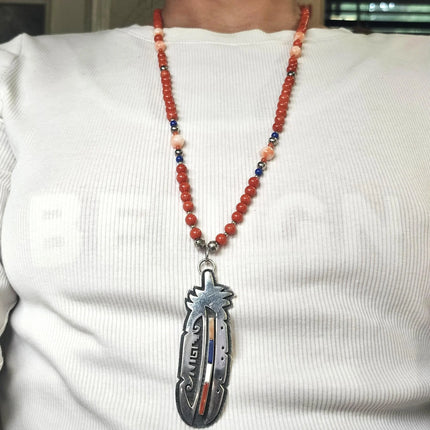 Phillip Sekaquaptewa Weseoma Hopi sterling silver coral beaded necklace/pendant