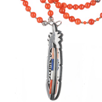 Phillip Sekaquaptewa Weseoma Hopi sterling silver coral beaded necklace/pendant