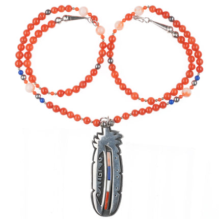 Phillip Sekaquaptewa Weseoma Hopi sterling silver coral beaded necklace/pendant