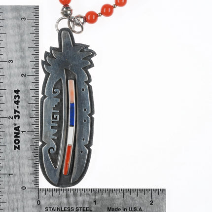 Phillip Sekaquaptewa Weseoma Hopi sterling silver coral beaded necklace/pendant