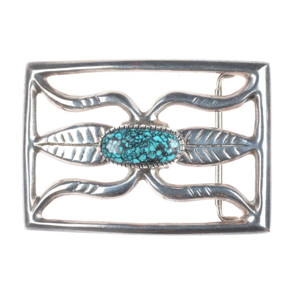 Vintage Navajo black web spiderweb turquoise cast sterling silver belt buckle