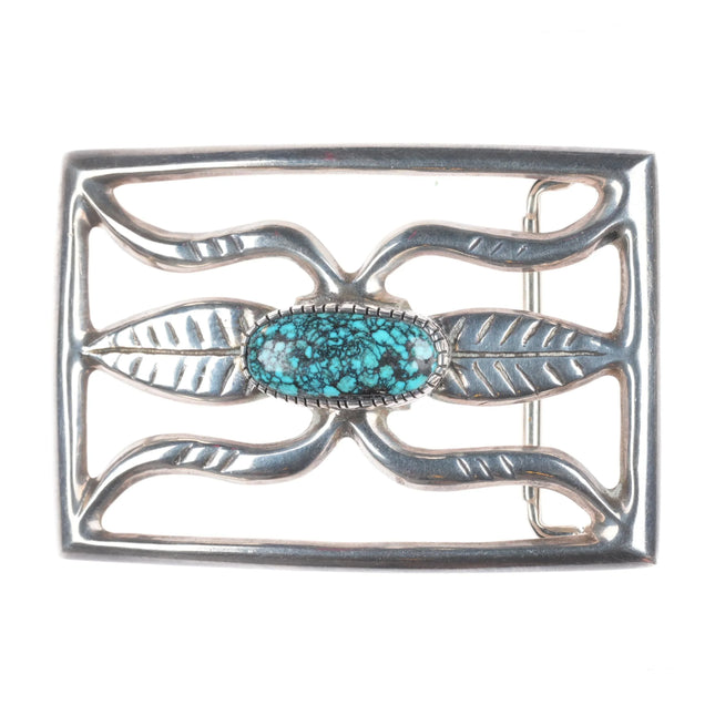 Vintage Navajo black web spiderweb turquoise cast sterling silver belt buckle