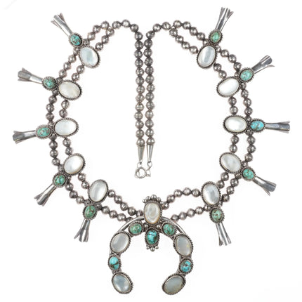 30" Vintage Navajo turquoise/shell MOP sterling silver squash blossom necklace
