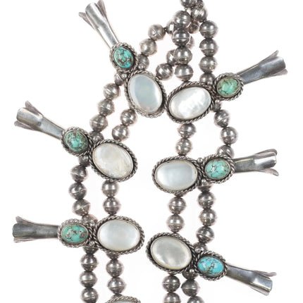 30" Vintage Navajo turquoise/shell MOP sterling silver squash blossom necklace