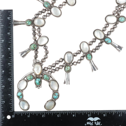 30" Vintage Navajo turquoise/shell MOP sterling silver squash blossom necklace