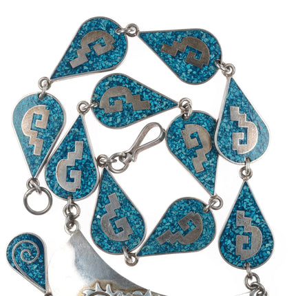 21" Retro Mexican Aztec style sterling silver turquoise chip inlay link necklace