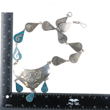 21" Retro Mexican Aztec style sterling silver turquoise chip inlay link necklace