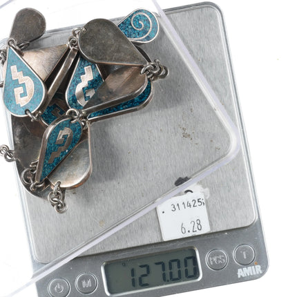 21" Retro Mexican Aztec style sterling silver turquoise chip inlay link necklace