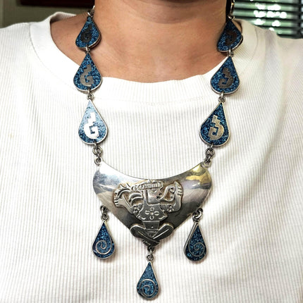 21" Retro Mexican Aztec style sterling silver turquoise chip inlay link necklace