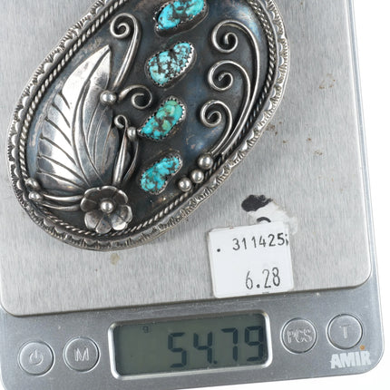 Vintage Navajo sterling silver 4 stone turquoise belt buckle stamped rim