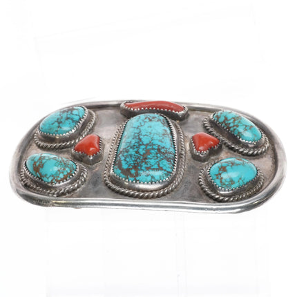 Big Navajo sterling silver, spiderweb turquoise, red coral belt buckle