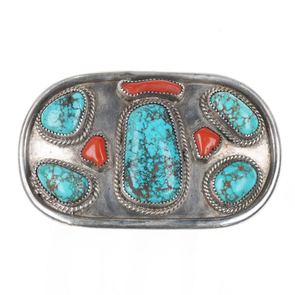 Big Navajo sterling silver, spiderweb turquoise, red coral belt buckle