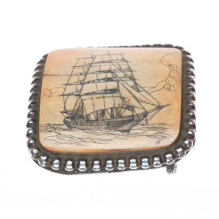 Vintage Sterling silver carved whale bone ship/nautical belt buckle