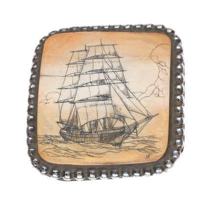 Vintage Sterling silver carved whale bone ship/nautical belt buckle