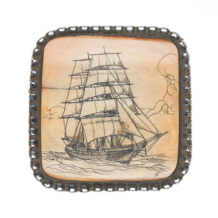 Vintage Sterling silver carved whale bone ship/nautical belt buckle