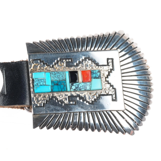 Alvin/Lula Begay Navajo sterling silver turquoise/coral inlay ranger belt buckle