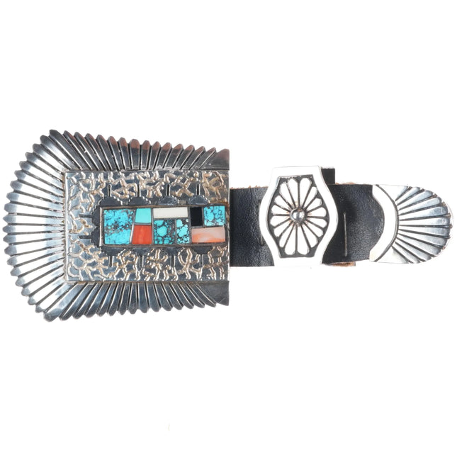 Alvin/Lula Begay Navajo sterling silver channel inlay ranger belt buckle set