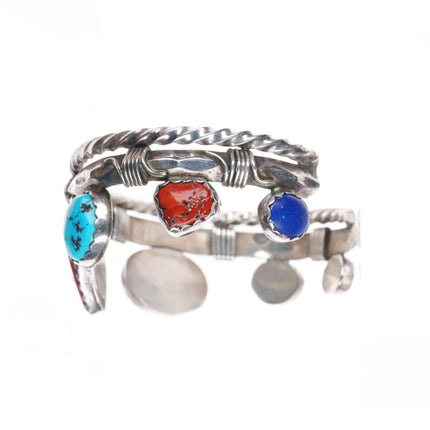 6.8" Southwestern sterling silver heart turquoise/coral/lapis cuff bracelet