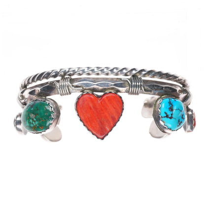 6.8" Southwestern sterling silver heart turquoise/coral/lapis cuff bracelet