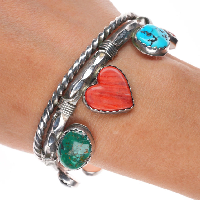 6.8" Southwestern sterling silver heart turquoise/coral/lapis cuff bracelet