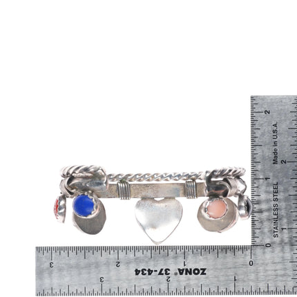6.8" Southwestern sterling silver heart turquoise/coral/lapis cuff bracelet