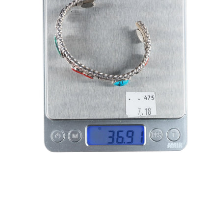 6.8" Southwestern sterling silver heart turquoise/coral/lapis cuff bracelet